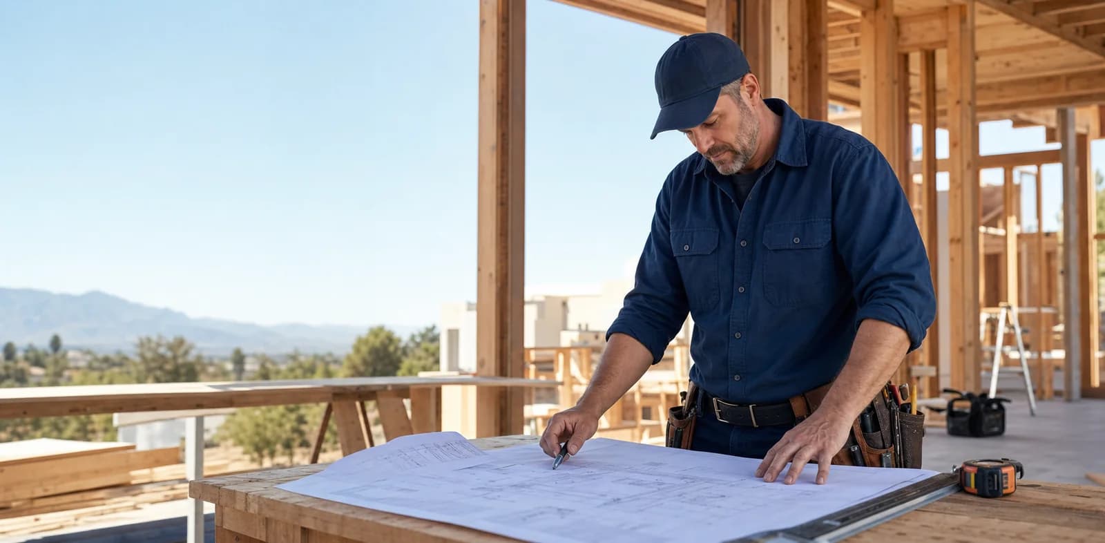 Residential contractor reviewing building plans at a new construction project